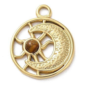 Vacuum Plating 316 Stainless Steel Pendants, with Natural Tiger Eye, Flat Round, Real 18K Gold Plated, 24.5x20x3.5mm, Hole: 2.7mm