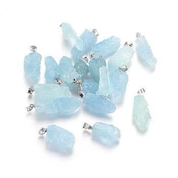 Natural Aquamarine Pendants, with Brass Findings, Nuggets, Platinum, 21~35x9~14x5~12mm, Hole: 4x4.5mm