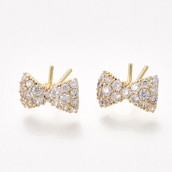 Brass Cubic Zirconia Stud Earring Findings, For Half Drilled Beads, Bowknot, Real 18K Gold Plated, Clear, 6x10mm, Pin: 0.6~0.7mm