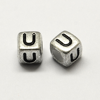 Antique Silver Plated Large Hole Acrylic Letter European Beads, Horizontal Hole, Cube with Letter.U, 6x6x6mm, Hole: 4mm, about 2950pcs/500g