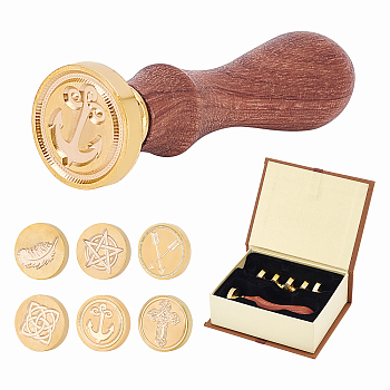 8Pcs 8 Style Pear Wood Handle, with Brass Wax Seal Stamp Head, for Wax Seal Stamp, Wedding Invitations Making, Mixed Shapes, 8pcs/set