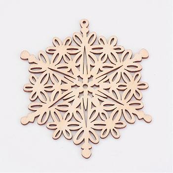 Undyed Wooden Pendants, Snowflake, for Christmas Theme, Antique White, 100x88x3mm, Hole: 2mm