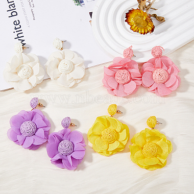 4 Pairs 4 Colors Bohemian Style Raffia Flower Dangle Stud Earrings with Iron Pins(EJEW-FI0002-26)-5