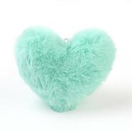 Handmade Faux Rabbit Fur Pom Pom Ball Covered Pendants, Fuzzy Bunny Hair Balls, with Elastic Fiber, Heart, Pale Turquoise, 85~90x85~110x45~55mm, Hole: 4x5mm(WOVE-J001-08)