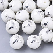 Christmas Opaque Glass Beads, Round with Electroplate Elk Christmas Reindeer/Stag Pattern, Platinum Plated, 10mm, Hole: 1.2mm(EGLA-R113-03B)