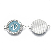 Alloy Enamel Links Connectors, with Crystal Rhinestones, Flat Round with Letter, Silver Color Plated, Letter.D, 22x16x2mm, Hole: 1.8mm(ENAM-TAC0003-01S-06D)