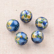 Flower Picture Printed Glass Round Beads, Royal Blue, 12mm, Hole: 1mm(GLAA-J087-12mm-B02)