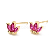 Cubic Zirconia Crown Stud Earrings, Real 18K Gold Plated Brass Jewelry for Women, Cadmium Free & Nickel Free & Lead Free, Deep Pink, 6.5x8mm, Pin: 0.7mm(EJEW-G297-12G-01)