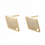 Brass Stud Earring Findings, with Loop and Flat Plate, Rhombus, Nickel Free, Real 18K Gold Plated, 11x7x0.5mm, Hole: 1mm, Pin: 0.7mm(KK-N186-60)