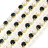 Brass Rhinestone Strass Chains, with ABS Plastic Imitation Pearl, Rhinestone Cup Chain, Grade A, Raw(Unplated), Emerald, 2x2mm, 4000pcs rhinestone/bundle, about 32.8 Feet(10m)/bundle(CHC-N017-001A-A13)