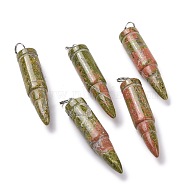 Natural Unakite Pointed Pendants, with 201 Stainless Steel Split Rings, Bullet, Stainless Steel Color, 42~46x10mm, Hole: 5mm(G-D850-16)