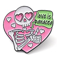Valentine's Day Black Zinc Alloy Brooches, Skull Pink Enamel Pins for Women, Heart, 27.5x30x1.5mm(JEWB-E033-03EB-04)