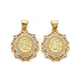 Brass Micro Pave Cubic Zirconia Pendants, Nickel Free, Oval, Real 16K Gold Plated, 20x15x2.5mm, Hole: 3x5mm(KK-Q252-059-NF)