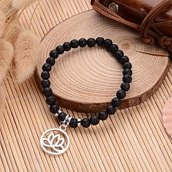 Natural Lava Rock Beaded Stretch Charm Bracelets, with Tibetan Style Antique Silver Alloy Charms, 2-1/4 inch(5.8cm)(X-BJEW-JB02095-03)