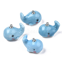 Handmade Porcelain Pendants, with Platinum Plated Brass Findings, Famille Rose Style, Whale, Light Sky Blue, 25~28x16~17x18~19mm, Hole: 1.6mm(PORC-N004-150A)
