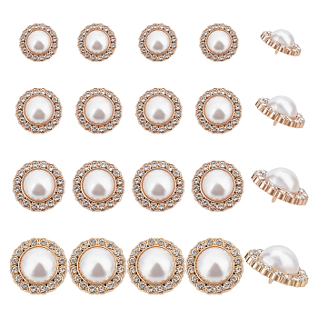 24Pcs 4 Styles 1-Hole Alloy Rhinestone Shank Buttons, with Plastic Imitation Pearl Beads, Half Round, Golden, 15~22x10~13mm, hole: 1.8~2.8mm, 6pcs/style
