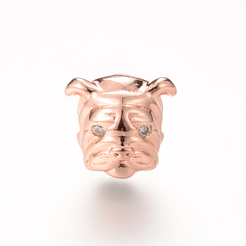Brass Micro Pave Cubic Zirconia Puppy Beads, Bulldog Head, Rose Gold, 11.5x11mm