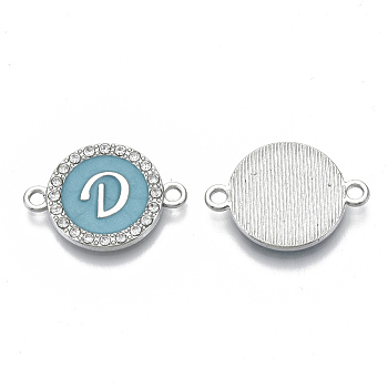 Alloy Enamel Links Connectors, with Crystal Rhinestones, Flat Round with Letter, Silver Color Plated, Letter.D, 22x16x2mm, Hole: 1.8mm