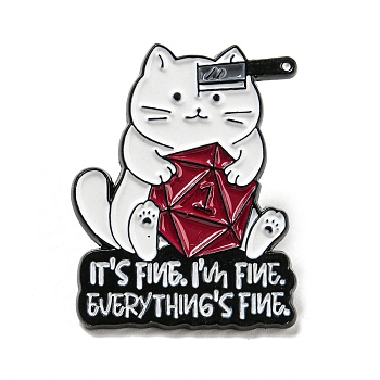 Cat Dice Knife Enamel Pins, Black Alloy Brooches for Backpack Clothes, Word It's Fine I'm Fine Everything's Fine, Dark Red, 29.5x24x1.5mm