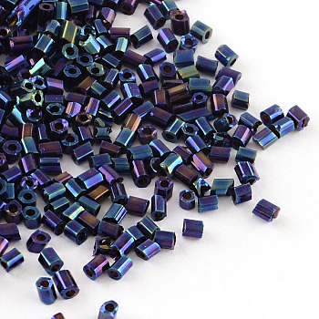 Tube Plated Glass Bugle Beads, Iris Round, Blue Plated, 2~3x2mm, Hole: 1mm, about 2222pcs/50g