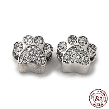 Thailand 925 Sterling Silver Micro Pave Clear Cubic Zirconia European Beads, Large Hole Beads, Dog Paw Print, Antique Silver, 10x12x8.5mm, Hole: 4.7x4.4mm