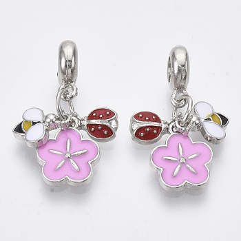 Alloy European Dangle Charms, with Enamel and Iron Jump Rings, Large Hole Pendants, Flower and Bees and Ladybug, Colorful, Platinum, 31mm, Hole: 5mm