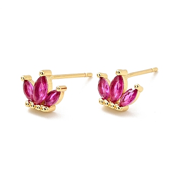 Cubic Zirconia Crown Stud Earrings, Real 18K Gold Plated Brass Jewelry for Women, Cadmium Free & Nickel Free & Lead Free, Deep Pink, 6.5x8mm, Pin: 0.7mm
