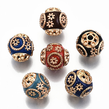 Round Handmade Indonesia Beads, with Alloy Cores, Mixed Color, 15x14mm, Hole: 2mm