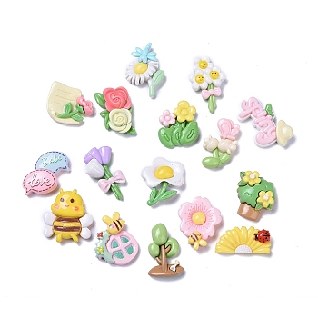 Spring Theme Opaque Cute Resin Decoden Cabochons, Flower & Bees & Tree, Mixed Shapes, Mixed Color, 12~28x15~28x6~9mm