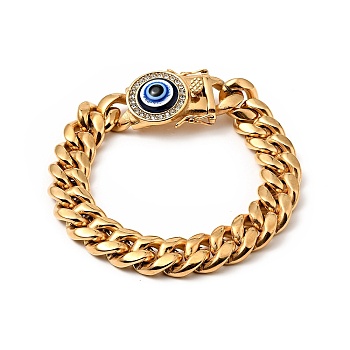 Ion Plating(IP) 304 Stainless Steel Curb Chains Bracelet with Crystal Rhinestone, Resin Evil Eye Clasp Lucky Bracelet for Men Women, Golden, 9-5/8 inch(24.4cm)