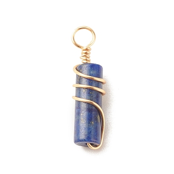 Natural Lapis Lazuli Pendants, with Real 18K Gold Plated Tone Eco-Friendly Brass Wire Wrapped, Column, 19.5~20x5~5.5mm, Hole: 2.4~2.8mm