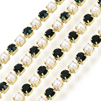 Brass Rhinestone Strass Chains, with ABS Plastic Imitation Pearl, Rhinestone Cup Chain, Grade A, Raw(Unplated), Emerald, 2x2mm, 4000pcs rhinestone/bundle, about 32.8 Feet(10m)/bundle