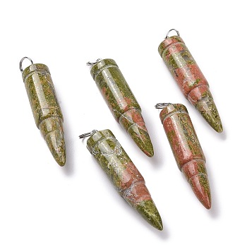 Natural Unakite Pointed Pendants, with 201 Stainless Steel Split Rings, Bullet, Stainless Steel Color, 42~46x10mm, Hole: 5mm