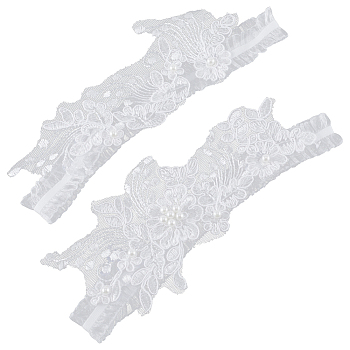 Lace Elastic Bridal Garters, with Plastic Imitation Pearl, Wedding Garment Accessories, White, 460x25~95mm, 2pcs/set