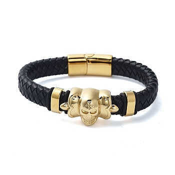 Men's Braided Black PU Leather Cord Bracelets, Skull 304 Stainless Steel Link Bracelets with Magnetic Clasps, Golden, 8-5/8x3/4 inch(21.9x1.9cm)