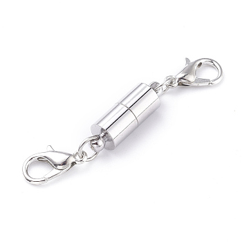Brass Magnetic Clasps, with Lobster Claw Clasps, Column, Platinum, 45x7.5x6mm