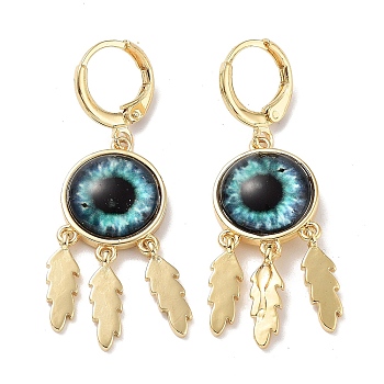 Real 18K Gold Plated Brass Feather Chandelier Earrings, Glass Evil Eye Drop Earrings, Pale Turquoise, 43.5x14mm