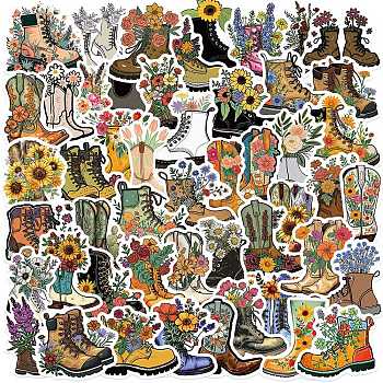50Pcs Retro Flower Boot Waterproof PVC Adhesive Stickers Set, for DIY Scrapbooking and Journal Decoration, Shoes, 48~76x42~57x0.2mm