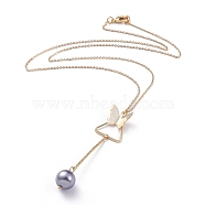 Pendant Necklaces, with Glass Pearl Round Beads, Iron Bar Links, Brass Pendant, Cable Chain and Lobster Claw Clasps, Butterfly, Gray, 20.67 inch(52.5cm)(NJEW-JN02676-03)