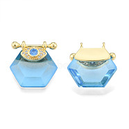 Brass Micro Pave Clear Cubic Zirconia Pendants, with Glass, Nickel Free, Real 18K Gold Plated, Hexagon with Eye, Light Sky Blue, 24x22.5x9mm, Hole: 1.8mm(KK-N227-106F)