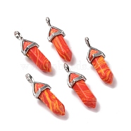 Synthetic Orange Red Malachite Pendants, Faceted, with Platinum Tone Brass Findings, Lead free & Cadmium Free, Bullet, 27~30x9~10x7~8mm, Hole: 4x3mm(G-K329-02P)