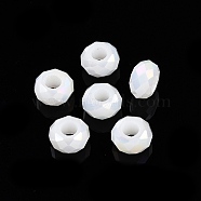 Imitation Jade Glass European Beads, Large Hole Beads, AB Color Plated, Faceted, Rondelle, White, 13~14x7.5~8mm, Hole: 5.5~6mm(GPDL-N005-B14mm-A01)