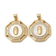 Brass Micro Pave Cubic Zirconia Pendants, with Shell, Flat Round with Saint, Real 18K Gold Plated, 23x20x3mm, Hole: 4x3.5mm(KK-D057-06G)