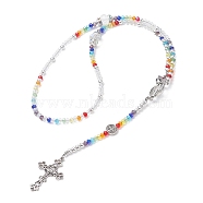 Glass Beaded Rosary Bead Necklaces, Alloy Saint Benedict & Cross Religion Necklace, Colorful, 27.95 inch(71cm)(NJEW-JN04326)