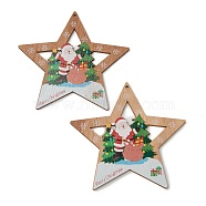Christmas Theme Natural Wood Big Pendants, Star with Santa Claus, Colorful, 101~106x105~107x3mm, Hole: 3mm(WOOD-B001-15)