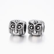 304 Stainless Steel European Beads, Large Hole Beads, Owl, Antique Silver, 10x10x11mm, Hole: 5mm(STAS-H368-39AS)