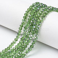 Electroplate Transparent Glass Beads Strands, Half Gray Plated, Faceted, Rondelle, Spring Green, 4x3mm, Hole: 0.4mm, about 123~127pcs/strand, 16.5~16.9 inch(42~43cm)(EGLA-A034-T4mm-E01)