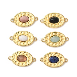 304 Stainless Steel Pave Natural Mixed Stone Oval Connector Charms, Ion Plating(IP), Real 18K Gold Plated, 10x18x4mm, Hole: 1.2mm(STAS-F312-13G)