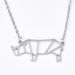 Non-Tarnish 201 Stainless Steel Pendant Necklaces, with Cable Chains, Rhinoceros Shape, Stainless Steel Color, 17.7 inch(45cm), 2mm, Rhinoceros: 17x32x1mm(NJEW-T009-JN078-1-40)