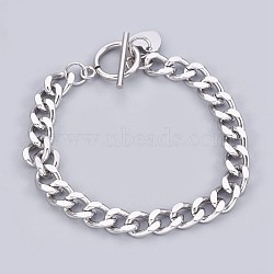 304 Stainless Steel Curb Chain Bracelets, with Toggle Clasps and Heart Shape Charm, Stainless Steel Color, 7-1/2 inch(19cm), 7.5mm(BJEW-P237-04P)